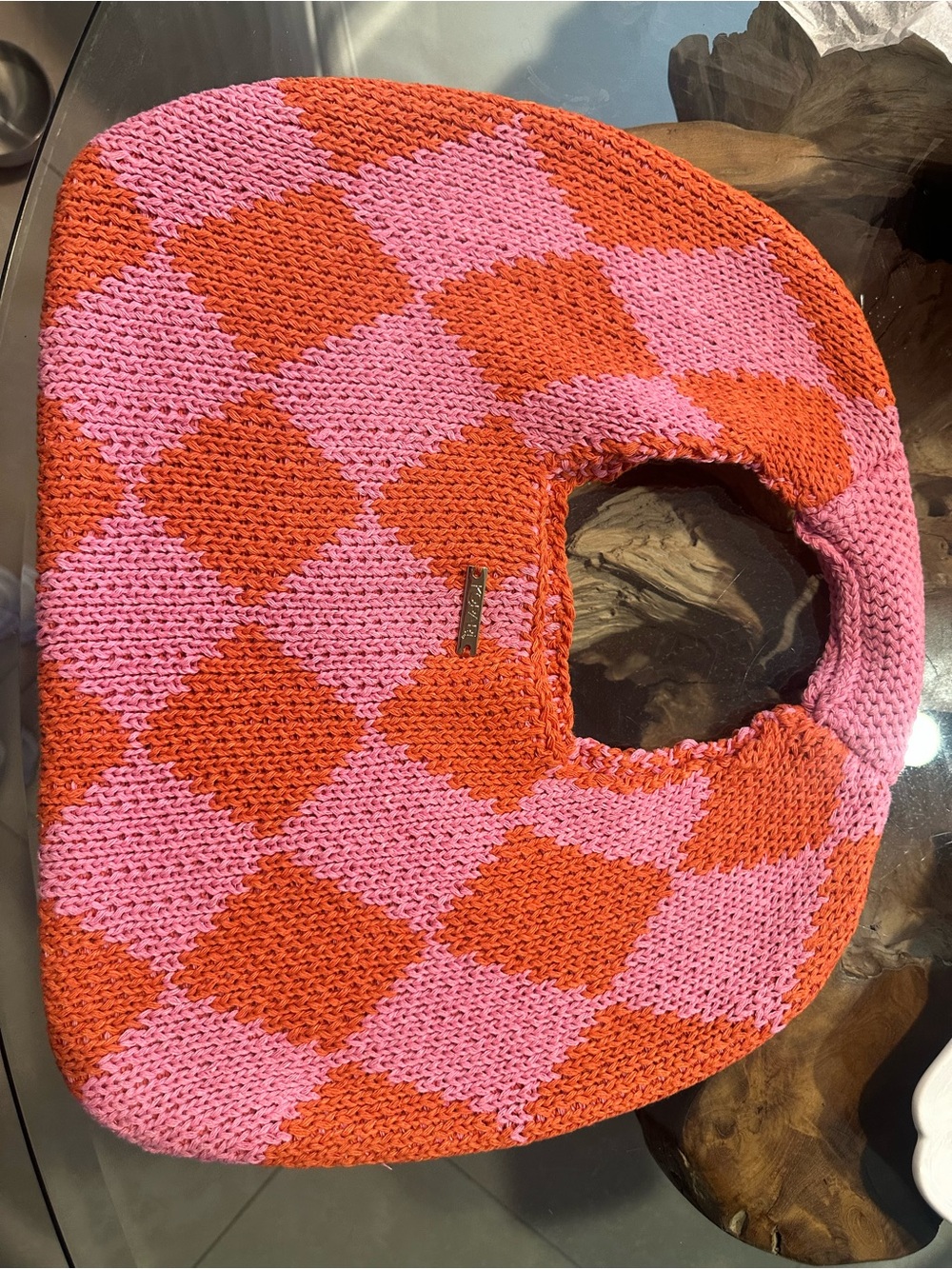 Kopari Knit Argyle Pink Orange Circle 
Tote. NWOT